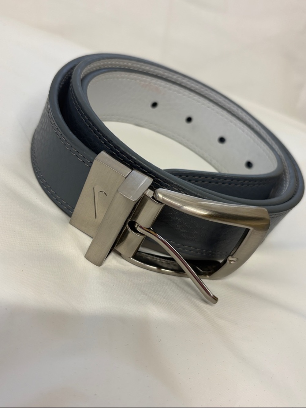 Nike Gray and White Reversible Leather Belt with Silver Buckle